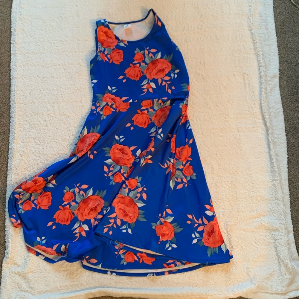 Agnes and Dora Red Rose with blue background Midi dress with pockets